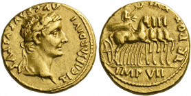 Tiberius augustus, 14 – 37.   Aureus 15-16, AV 7.95 g. TI CAESAR DIVI – AVG F AVGVSTVS Laureate head r. Rev. TR POT – XVII Tiberius standing in slow q...