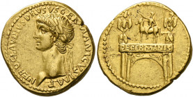 In the name of Nero Claudius Drusus, brother of Tiberius and father of Claudius.   Aureus 41-45, AV 7.75 g. NERO CLAVDIVS DRVSVS GERMANICVS IMP Laurea...