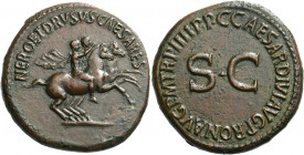 In the name of Nero and Drusus caesares, sons of Germanicus.   Dupondius 40-41, Æ 15.59 g. NERO ET DRVSVS CAESARES Nero and Drusus riding r., with clo...