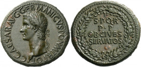 Gaius augustus, 37 – 41.   Sestertius circa 37-38, Æ 26.66 g. C CAESAR AVG GERMANICVS PON M TR POT Laureate bust l. Rev. S P Q R / P P / OB CIVES / SE...