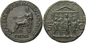 Gaius augustus, 37 – 41.   Sestertius 37-38, Æ 28.68 g. C·CAESAR·AVG·GERMANICVS P·M·TR·POT Pietas, veiled and draped, seated l., holding patera and re...