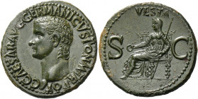 Gaius augustus, 37 – 41.   As 37-38, Æ 11.40 g. C CAESAR AVG GERMANICVS PON M TR POT Bare head l. Rev. VESTA / S – C Vesta, diademed and veiled, seate...