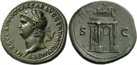 Nero augustus, 54 – 68.   Sestertius circa 64, Æ 28.08 g. NERO CLAVDIVS CAESAR AVG GER P M TR P IMP P P Laureate head l. Rev. Triumphal arch; in field...