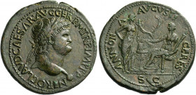 Nero augustus, 54 – 68.   Sestertius, Lugdunum circa 65, Æ 26.72 g. NERO CLAVD CAESAR AVG GER P M TR P IMP P P Laureate head r., with globe at point o...
