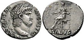 Nero augustus, 54 – 68.   Denarius circa 65-66, AR 3.35 g. NERO CAESAR – AVGVSTVS Laureate head r. Rev. Salus seated l. holding patera in r. hand and ...