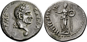 Galba, 68 – 69.   Denarius, Spanish mint (Tarraco ?) circa April to December 68, AR 3.46 g. GALBA – IMP Laureate head r., with globe at point of neck....