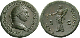 Vitellius, April –December 69.   Sestertius late April-December 69, Æ 27.87 g. A VITELLIVS GERMANICVS IMP AVG P M TR P Laureate and draped bust r. Rev...
