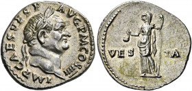 Vespasian augustus, 69 – 79.   Denarius 72-73, AR 3.58 g. IMP CAES VESP – AVG P M COS IIII Laureate head r. Rev. VES – TA Vesta standing l. holding si...