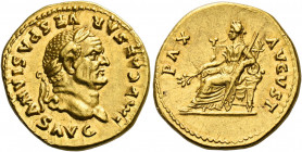 Vespasian augustus, 69 – 79.   Aureus 75, AV 7.31 g. IMP CAESAR – VESPASIANVS AVG Laureate head r. Rev. PAX – AVGVST Pax seated l., holding branch in ...