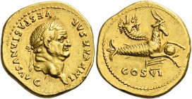 Vespasian augustus, 69 – 79.   Aureus 75, AV 7.39 g. IMP CAESAR – VESPASIANVS AVG Laureate head r. Rev. COS VI Capricorn r., holding cornucopiae, rudd...