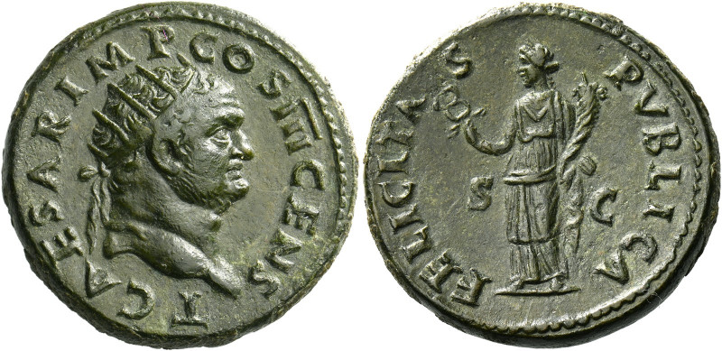 Titus caesar, 69 – 79.   Dupondius 74, Æ 13.55 g. T CAESAR IMP COS III CENS Radi...