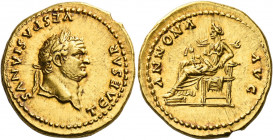 Titus caesar, 69 – 79.   Aureus 77-78, AV 7.37 g. T CAESAR VESPASIANVS Laureate head r. Rev. ANNONA – AVG Annona seated l., holding cornucopia. C 16. ...