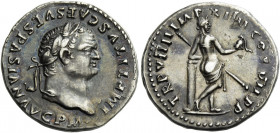 Titus augustus, 79 – 81.   Denarius after 1st July 79, AR 3.22 g. IMP TITVS CAES VESPASIAN AVG P M Laureate head r. Rev. TR P VIIII IMP XIIII COS VII ...