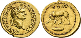 Domitian caesar, 69 – 81.   Aureus 77-78, AV 7.44 g. CAESAR AVG F – DOMITIANVS Laureate head r. Rev. COS V She-wolf l., with twins; in exergue, boat. ...