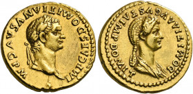 Domitian augustus, 81 - 96.   Aureus 82–83, AV 7.74 g. IMP CAES DOMITIANVS AVG P M Laureate head of Domitian r. Rev. DOMITIA AVGVSTA IMP DOMIT Draped ...