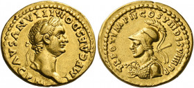 Domitian augustus, 81 - 96.   Aureus 82, AV 7.76 g. IMP CAES DOMITIANVS AVG P M Laureate head of Domitian r. Rev. TR POT IMP II COS VIII DES VIIII PP ...