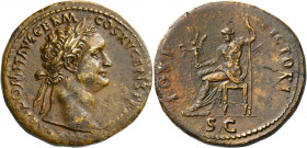 Domitian augustus, 81 - 96.   Sestertius 90-91, Æ 24.49 g. IMP CAES DOMIT AVG GERM – COS XV CENS PER[P P P] Laureate head r. Rev. IOVI – VICTORI Jupit...