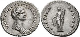 Diva Domitilla the younger, daughter of Vespasian and sister of Domitian.   Denarius 82-83, AR 3.41 g. DIVA DOMITILLA AVGVSTA Draped bust r., hair in ...