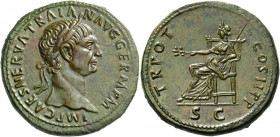 Trajan augustus, 98 – 117.   Sestertius 98-99, Æ 27.82 g. IMP CAES NERVA TRAIA – N AVG GERM P M Laureate head r. Rev. TR POT – COS II P P Pax seated l...