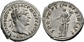 Trajan augustus, 98 – 117.   Denarius circa 103-107, AR 3.24 g. IMP TRAIANO AVG GER DAC P M TR P COS V P P Laureate head r. Rev. S P Q R OPTIMO PRINCI...