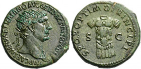 Trajan augustus, 98 – 117.   Dupondius circa 103-107, Æ 13.21 g. IMP CAES NERVAE TRAIANO AVG GER DAC P M TR P COS [V P] P Radiate head r. Rev. S P Q R...