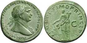 Trajan augustus, 98 – 117.   Sestertius circa 108-109/10, Æ 24.06 g. IMP CAESA NERVAE TRAIANO AVG GER DAC P M TR P COS V P P Laureate bust r. with dra...