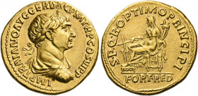 Trajan augustus, 98 – 117.   Aureus 113-114, AV 7.16 g. IMP TRAIANO AVG GER DAC P M TR P COS VI P P Laureate, draped and cuirassed bust r. Rev. S·P·Q·...