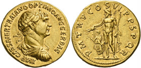 Trajan augustus, 98 – 117.   Aureus 114-115, AV 7.38 g. IMP CAES NER TRAIANO OPTIMO AVG GER DAC Laureate, draped and cuirassed bust r. Rev. P M TR P C...