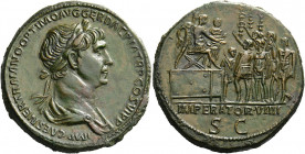 Trajan augustus, 98 – 117.   Sestertius circa 114-116, Æ 27.84 g. IMP CAES NER TRAIANO OPTIMO AVG GER DAC P M TR P COS VI P P Laureate and draped bust...