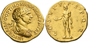 Trajan augustus, 98 – 117.   Aureus circa 115, AV 7.27 g. IMP TRAIANO AVG GER DAC P M TR P Laureate, draped and cuirassed bust r. Rev. COS VI P P S P ...