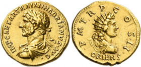 Hadrian augustus, 117 – 138.   Aureus 118, AV 7.30 g. IMP CAESAR TRAIAN HADRIANVS AVG Laureate, draped and cuirassed bust l. Rev. P M TR P COS II Radi...