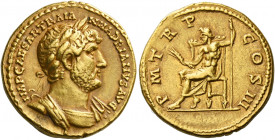 Hadrian augustus, 117 – 138.   Aureus 121-123, AV 7.22 g. IMP CAESAR TRAIA – N HADRIANVS AVG Laureate, draped and cuirassed bust r. Rev. P M T – R P –...