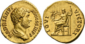 Hadrian augustus, 117 – 138.   Aureus 136, AV 7.33 g. HADRIANVS – AVG COS III P P Bare-headed and draped bust r. Rev. IOVI – VICTORI Jupiter seated l....