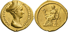 Sabina, wife of Hadrian.   Aureus 128-137, AV 7.16 g. SABINA AVGVSTA – HADRIANI AVG P P Draped bust r. with hair waved, rising into crest on top above...