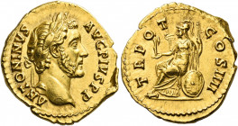 Antoninus Pius augustus, 138 – 161.   Aureus 145-161, AV 7.35 g. ANTONINVS – AVG PIVS P P Laureate head r. Rev. TR PO – T – COS IIII Roma seated l. on...