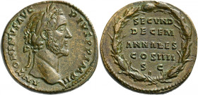 Antoninus Pius augustus, 138 – 161.   Sestertius circa 145-161, Æ 25.32 g. ANTONINVS AVG – PIVS P P IMP II Laureate head r. Rev. SECVND / DECEM / ANNA...