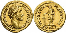 Antoninus Pius augustus, 138 – 161.   Aureus circa 158-159, AV 7.28 g. ANTONINVS AVG – PIVS P P TR P XXII Bare head r. Rev. VOTA SVSCE – PTA DEC III A...