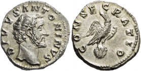 Antoninus Pius augustus, 138 – 161.   Divus Antoninus Pius. Denarius after 161, AR 3.29 g. DIVVS ANTONINVS Bare head r. Rev. CONSECRATIO Eagle standin...