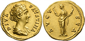 Diva Faustina I, wife of Antoninus Pius.   Aureus after 141, AV 7.24 g. DIVA – FAVSTINA Draped bust r., hair waved and coiled on top of head. Rev. AVG...