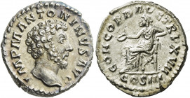 Marcus Aurelius augustus, 161 – 180.   Denarius 162-163, AR 2.71 g. IMP M ANTONINVS AVG Bare head r. Rev. CONCORD AVG TR P XVII Concordia seated l., h...