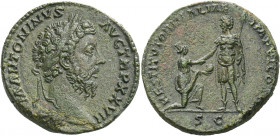 Marcus Aurelius augustus, 161 – 180.   Sestertius 172-173, Æ 20.35 g. M ANTONINVS – AVG TR P XXVII Laureate head r. Rev. RESTITVTORI ITALIAE – IMP VI ...