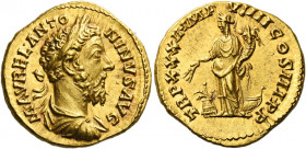 Marcus Aurelius augustus, 161 – 180.   Aureus 178, AV 7.31 g. M AVREL ANTO – NINVS AVG Laureate, draped and cuirassed bust r. Rev. TR P XXXII IMP – VI...