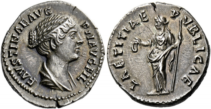 Faustina II, daughter of A. Pius and wife of M. Aurelius.   Denarius circa 147-1...