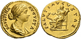 Faustina II, daughter of A. Pius and wife of M. Aurelius.   Aureus after 161-176, AV 7.46 g.  FAVSTINA – AVGVSTA Draped bust r. Rev. SALVTI AVGVSTAE S...