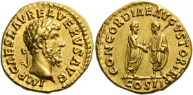 Lucius Verus augustus, 161 – 169.   Aureus March-December 161, AV 6.97 g. IMP CAES L AVREL VERVS AVG Laureate head r. Rev. CONCORDIAE AVGVSTOR TR P Ma...