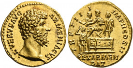 Lucius Verus augustus, 161 – 169.   Aureus 163-164, AV 7.28 g. L VERVS AVG – ARMENIACVS Bare head r. Rev. TR P III – I – IMP II COS II L. Verus seated...