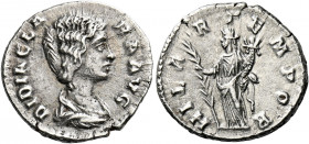 Didia Clara, daughter of Didius Julianus.   Denarius 193, AR 3.07 g. DIDIA CL – ARA AVG Draped bust r. Rev. HILA – R – TEMPOR Hilaritas standing l., h...