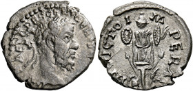 Pescennius Niger, 193 - 194.   Denarius, Antiochia 193-194, AR 2.68 g. [IMP] CAES C PESCE NIGER [IVST] Laureate head r. Rev. INVICTO I – MPERAT Trophy...