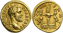 Septimius Severus, 193 – 211.   Aureus circa 193, AV 7.34 g. IMP CAE·L·SEP SE – V·PERT·AVG Laureate head r. Rev. LEG·XIIII·GEM·M·V Legionary eagle bet...