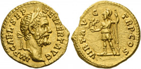 Septimius Severus, 193 – 211.   Aureus 193-194, AV 7.24 g. IMP CAE·L·SEP·SE – V·PERT AVG Laureate head r. Rev. VIRT AV – G· TR – P·COS Virtus standing...